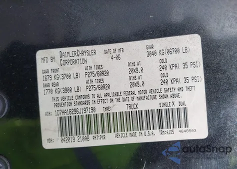 2006 Dodge Ram 1500 Slt из США, поврежденный, VIN 1D7HA18296J197190